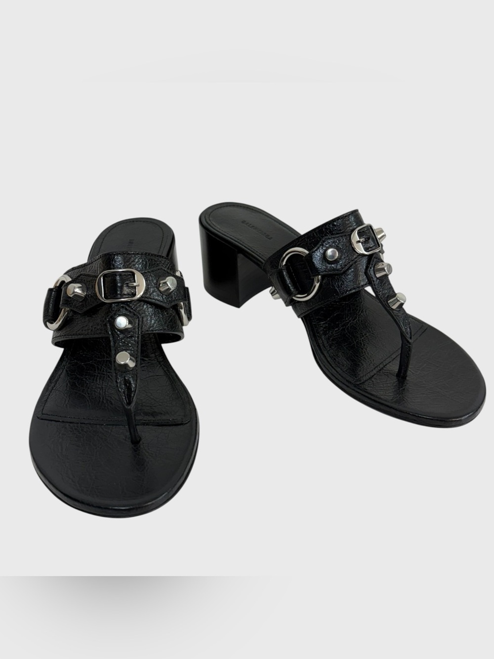 Balenciaga NEW Black Lamb Leather Silver Studded City Heeled Sandals Size 38